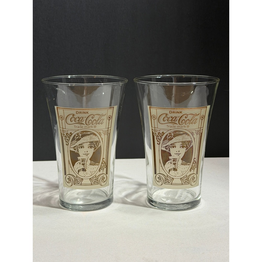 Coca-Cola Archives 16oz Flair Glass Set of 2 Turn of the Century Design Sepia